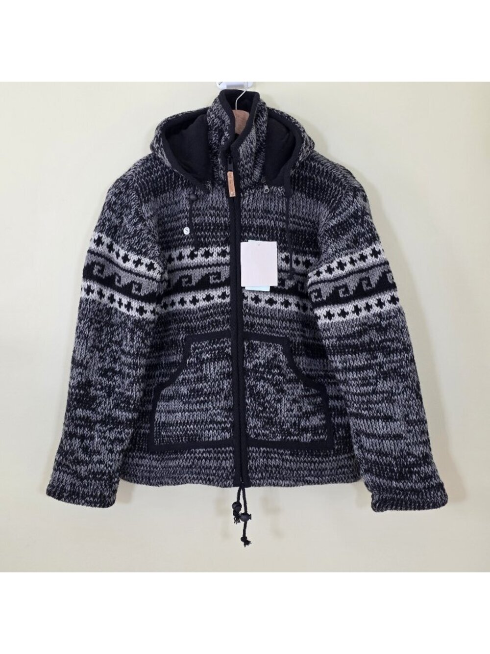 Ark Imports Knit Wave Wool Jacket S Gray Black Zip Fleece Lined Detachable Hood
